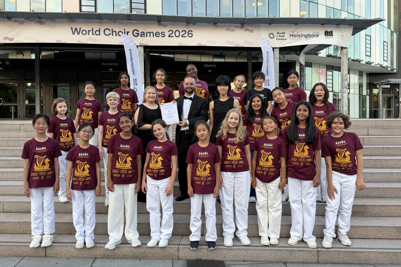 Columbus International Children's Choir singers with their gold diploma at the 2026 World Choir Games in Helsingborg, Sweden